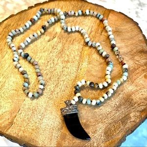 Beaded Necklace Earth tones blue cream black gray